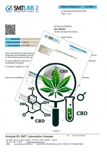 Capture d'écran du Certificat d'Analyse (COA) de la Fleur Kompolti par SMTLAB, prouvant la légalité et le taux de THC.