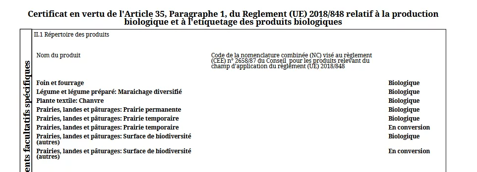 Extrait de notre Certificat de production biologique Ecocert, attestant que notre activité de culture de plant : Chanvre est bien certifiée Biologique.