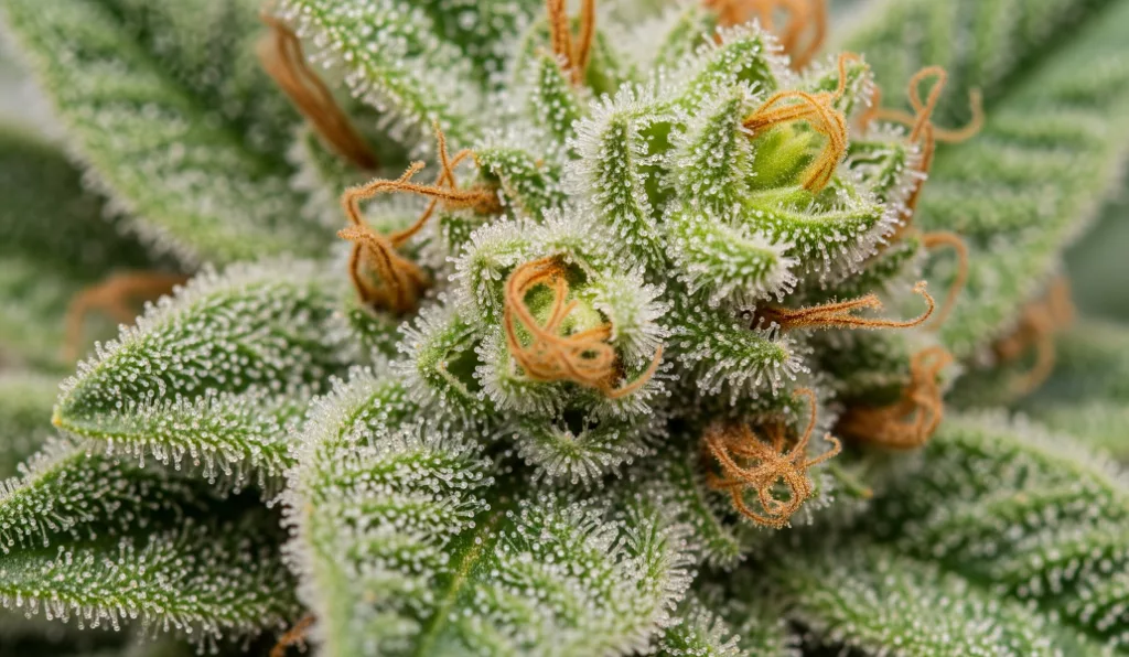 Photographie macro d'une fleur de chanvre de variété Kompolti, mettant en évidence les trichomes et les détails de sa structure, preuve de sa qualité biologique.