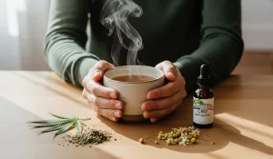 Gros plan sur une personne tenant une tasse d'infusion apaisante, avec une bouteille d'infusion de CBD et des fleurs du dropt de chanvre. L'image évoque la relaxation et le bien-être naturel.