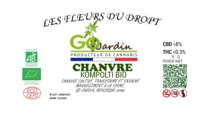 étiquette de la fleur de CBD Kompolti 5g de Go Jardin, mentionnant sa culture biologique et son nom "Les fleurs du Dropt