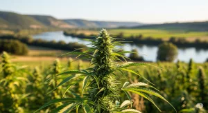 plant de chanvre Kompolti en agriculture biologique en Gironde, près de la rivière Dropt.